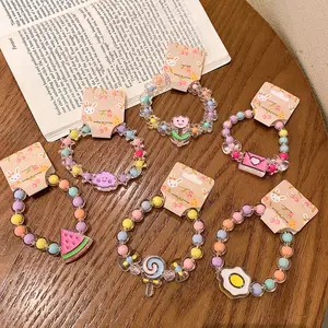 2022 Nieuwe Collectie Kids Sieraden Accessoires Mode Pastel Candy Gekleurde Kralen Hart Kroon Bloem Hanger Armbanden Voor Meisjes