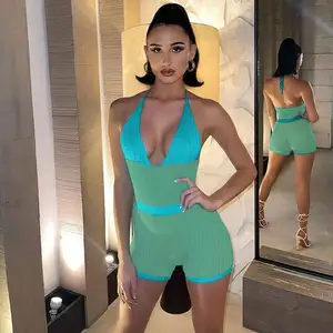 WQ3613 jumpsuit rajut seksi musim panas, jumpsuit rajut satu potong halter leher V wol tenun warna kontras punggung terbuka modis