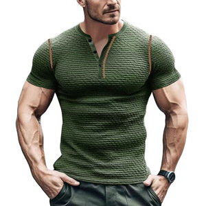 T-shirt à manches courtes respirant pour homme, coupe ajustée, haut de sport Henley, vêtements de loisirs, vert, gris, noir, bleu, tailles S-XXL - Product Image 4