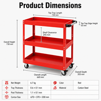 Armoire en acier robuste à 3 étagères avec 3 tiroirs, roulettes pivotantes, chariot de rangement pour garage, chariot de service pour atelier, rouge Karjoys