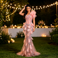 Robe de bal asymétrique longue à une épaule ornée de plumes et de perles, avec sequins, pour femme, idéale pour les anniversaires et les soirées en boîte de nuit