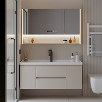 Kabinet Wastafel Kamar Mandi Kayu Mewah 2026, Model Modern Putih dengan Aksesoris Cermin, Terpasang di Dinding