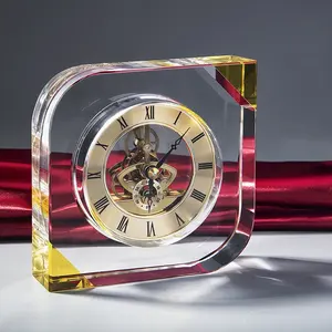 Jam Meja Kristal Dekorasi Desktop Kaca Berlian Jam Meja Kristal Bentuk Daun Warna Grosir untuk Pernikahan Hadiah Tamu Souvenir Bisnis
