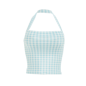 Viviblook C26ST238 Women Summer <b>Set</b> New <b>Sexy</b> Sleeveless Plaid Print Halter Backless Vest Cropped Pants Casual Two Pieces <b>Set</b> - Product Image 5