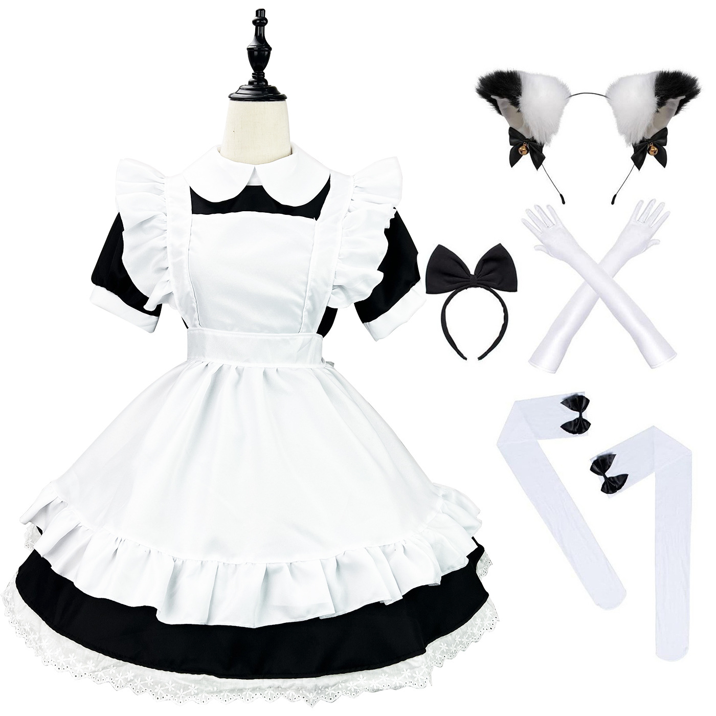 Conjunto de ropa + orejas de gato blanco y negro + calcetines blancos