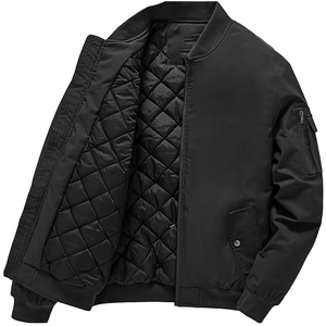 Chaqueta Bomber Negra para Hombre, Color Sólido, Cierre de Cremallera, Relleno Grueso de Poliéster, Resistente al Viento, Estilo Casual para Otoño - Product Image 2