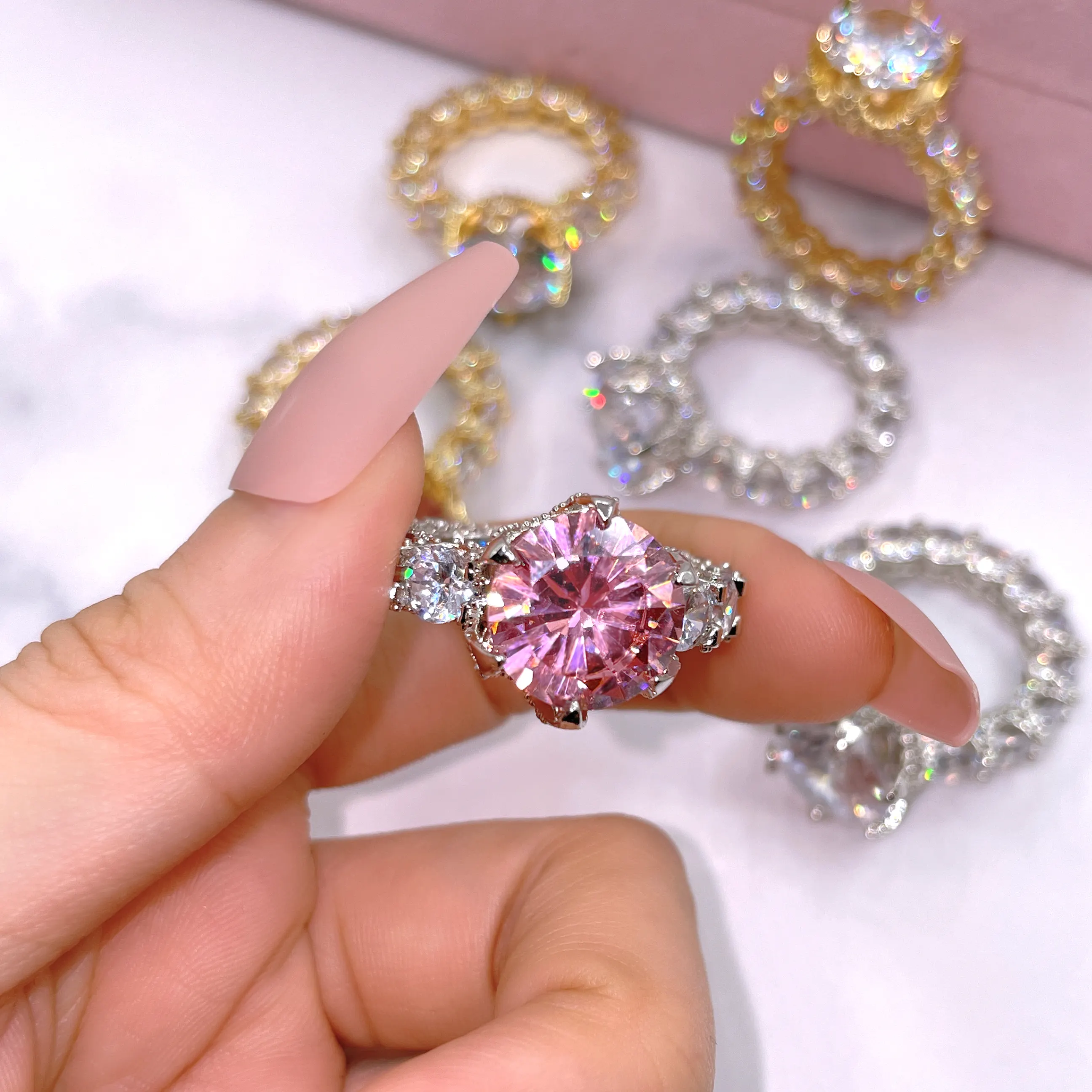 Silver Color Round Big Stone Cut Cz Rings Jewelry For Women Party Jewelry Iced Out Rings