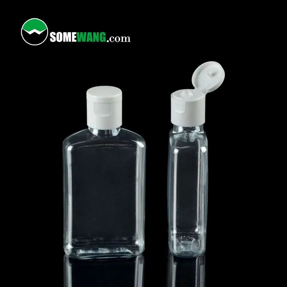 SOMEWANG Garrafa plana PET de plástico transparente para sabonete de mãos, 2 onças/60 ml, com tampa de rosca e design de tampa articulada orientada para serigrafia