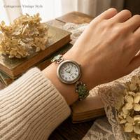 Jam Tangan Gelang Bunga Vintage untuk Wanita, Lapisan Perak Antik, Enamel Hijau, Quartz, Jam Tangan Wanita, Hadiah Cottagecore