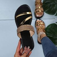 I-0622 Chaussures pour femmes, sandales d'extérieur à pince d'orteil, style coréen, tendance mode, imprimé floral, grandes tailles, mules plates, pour l'été, modèle transfrontalier
