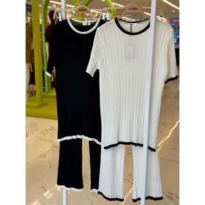 Ensemble deux pièces tricoté Dex : T-shirt et pantalon pour femme, décontracté, respirant, toutes saisons, ECRU - Product Image 1