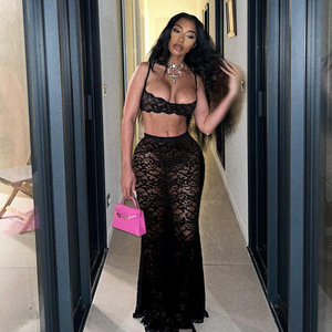 New <b>Sexy</b> Hollow Halter Top Solid Color Lace High Waist Skirt 2-Piece <b>Set</b> for Women Fashion - Product Image 3