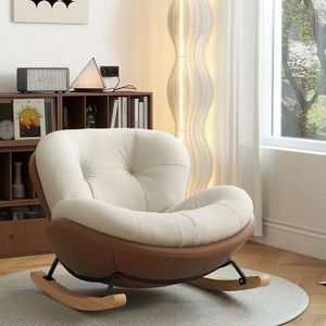 Fauteuil à bascule moderne capitonné avec repose-pieds, revêtement en cuir PU crème et bleu, design rond pour salon - Product Image 5