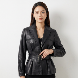 Chaqueta Blazer de Cuero Genuino para Mujer, con Cinturón, Cuello Camisero, Abrigo de Otoño - Product Image 3