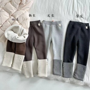 Tongxingyuan Girls Leggings Fleece-<b>lined</b> Knitted Winter Casual <b>Pants</b> With Buttons Deep Gray Korean Style - Product Image 2