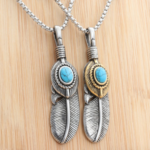 Pendentif plume en acier inoxydable avec pierre turquoise, collier pour homme, style punk rétro, ton argent et or - Product Image 1
