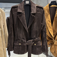 Veste en cuir véritable de mouton pour femme avec ceinture, blazer en daim véritable à franges, automne