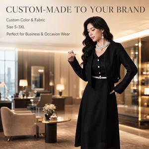 Ensemble tailleur noir en tweed avec garniture perlée pour <span class=keywords><strong>femme</strong></span>, veste courte, jupe, ceinture blanche, boucle dorée, idéal pour le bureau, les soirées, les occasions formelles, personnalisable OEM/ODM - Product Image 3