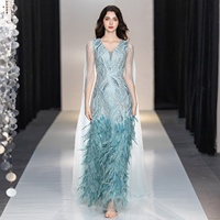 Robe de soirée bleu glacé à plumes, brodée de sequins, col en V, sans manches, vente en gros, sur mesure, OEM, robe de fête