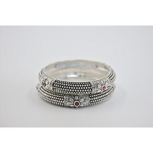 925 Silver Vintage Ethnic Flower Pattern Ruby Inlay Bezel Setting <b>Bangles</b> Women's Everyday Wear Jewelry - Product Image 2