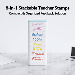 Lot de tampons d'enseignant OEM en gros, 8 tampons empilables pré-encrés en anglais pour la récompense et la correction des <span class=keywords><strong>devoirs</strong></span> scolaires - Product Image 1