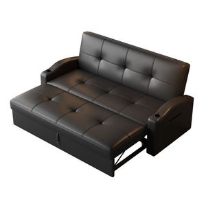 Foldable Genuine Leather Sofa <b>Bed</b> Two In One Multifunctional Design Pull Out Double Leather Couch For Small Apartment And Office - Product Image 2