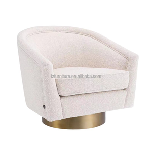 Fauteuil d'appoint pivotant moderne en tissu bouclé crème, dossier tonneau, base tambour dorée, pour salon, chambre, hall d'hôtel, mobilier de salon - Product Image 1