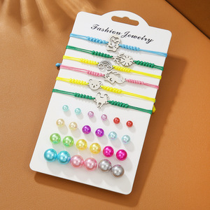 Ensemble de bijoux fantaisie, bracelets tressés colorés avec pendentifs de dessins animés et boucles d'oreilles en imitation perle pour femmes et filles - Product Image 2