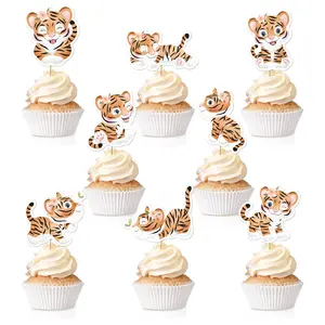 Animals Themed Birthday Party Decor Supplies Tigers Cupcake Topper Happy Birthday Decorations Desserts Topper For Wedding Party