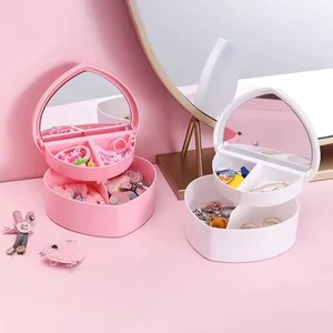 Girls Pink White Cosmetic Organizer Heart-Shaped Jewelry Storage Box Mirror Plastic Bracelets Hair Band Display <b>Desk</b> Drawer - Product Image 1