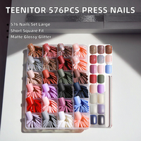 576Pcs Kuku Palsu Pendek Bentuk Kotak, Kit Kuku ABS, Kuku Buatan Matte Glossy Glitter French untuk Salon Grosir Kustom