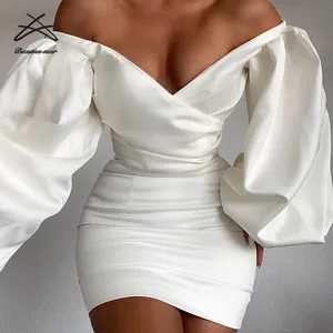 Women Deep V Solid Color Ladies Dress Cocktail Off Shoulder Puff Bodycon Lantern Sleeve Short Mini Sexy Party Club Dresses