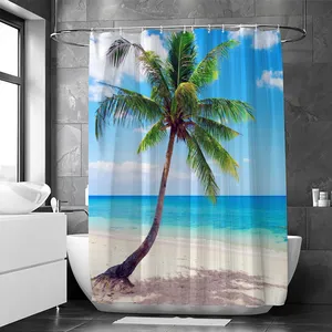12 개의 플라스틱 고리가있는 아름다운 해변 코코넛 나무 방수 샤워 커튼