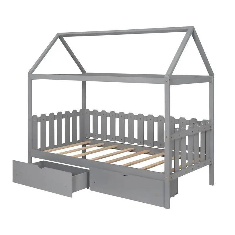 Lit double pour enfants, canopée au sol, 2 tiroirs, style maison