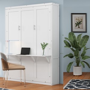 Murphy Bed With 68 Inch <b>Folding</b> Wall Panels White Convertible <b>Desk</b> Combination Bedroom Furniture - Product Image 3