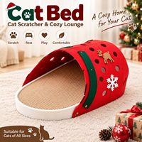 Lit pour chat en bois et feutre, design mignon de Noël, avec tapis à gratter en jute et tunnel, emballage en carton