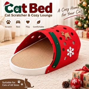 Christmas Cute Wood &amp; Felt Cat Bed with <strong>Jute</strong> Scratching Mat and Tunnel Design Carton Packaging - Product Image 1