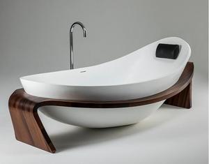 Bañera Exenta de Inmersión de Diseño Único y Moderno con Marco de Patrón de Madera, Superficie Sólida de Piedra Artificial con Desagüe - Product Image 3