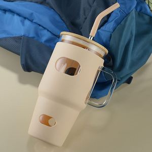 Road Trip Latte Glass Container 32oz Color Silicone Sleeve Integrated Handle Leakproof Bamboo Straw Lid XH GT8011 - Product Image 1