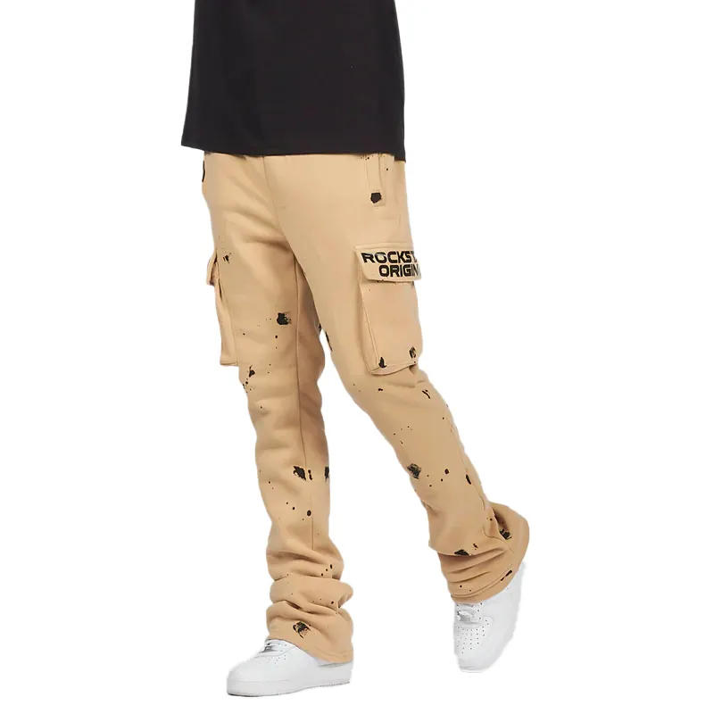 Baisheng Premium Custom Mens Bandanna Print Cargo Flared Leather Pants Elastic Trousers Streetwear Stacked Pants Men