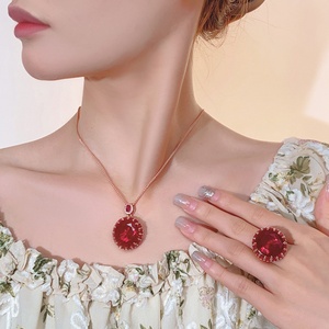 Vintage Eco-friendly Copper Gold Plated Gemstone Jewelry <b>Set</b> 18*20mm Red Cubic Zirconia Necklace Ring Matching <b>Set</b> for Women - Product Image 3