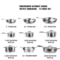 Ensemble de casseroles et poêles en acier inoxydable triple couche, 14 pièces, écologiques, avec surface satinée martelée, design luxueux