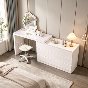 Coiffeuse moderne blanche avec miroir LED, meuble de rangement et chaise pour chambre à coucher - Product Image 1