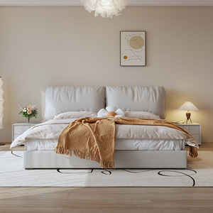 Lit en tissu avec rembourrage doux, cadre en bois massif, rangement pneumatique, taille double, pour chambre à coucher - Product Image 2