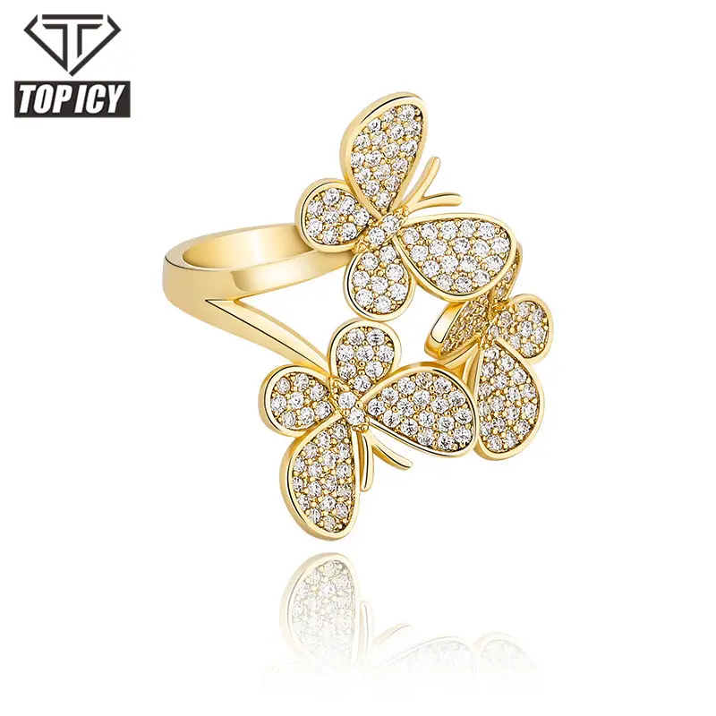 Dernière tendance zircon strass impérial fiançailles femmes 3 papillons bague 925 en argent sterling anneaux de papillon