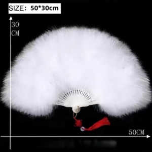 Éventail de danse burlesque de mariage fait main en plastique écologique 30x50cm avec surface en plumes de dinde et clous métalliques de marque - Product Image 2