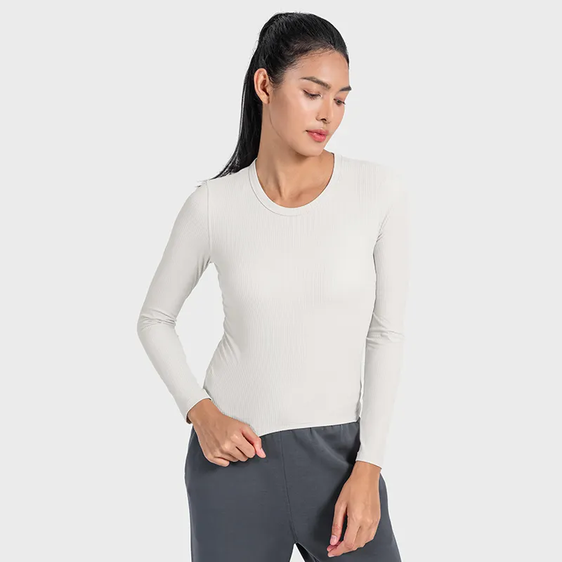 Özel yuvarlak boyun nervürlü Yoga t-Shirt Slim Fit uzun kollu spor üst moda rahat kazak Fitness Yoga giyim