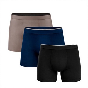 Calzoncillos bóxer para hombre, paquete de 3, color liso, algodón tejido, tiro medio, ropa interior transpirable con logo en la cintura - Gris/Negro/Azul marino - Product Image 4