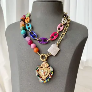 LS-C2719 Hot selling sacred heart necklaces for men women colorful beaded necklace best quality enamel pig nose chain necklace