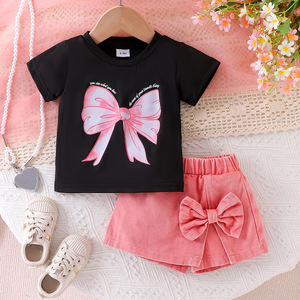 Conjunto de Ropa para Niñas de 0 a 3 Años, Camiseta de Algodón con Lazo, Culottes de Mezclilla con Abertura, 2 Piezas, Ropa para Niños, Conjuntos de Ropa para Bebés - Product Image 1